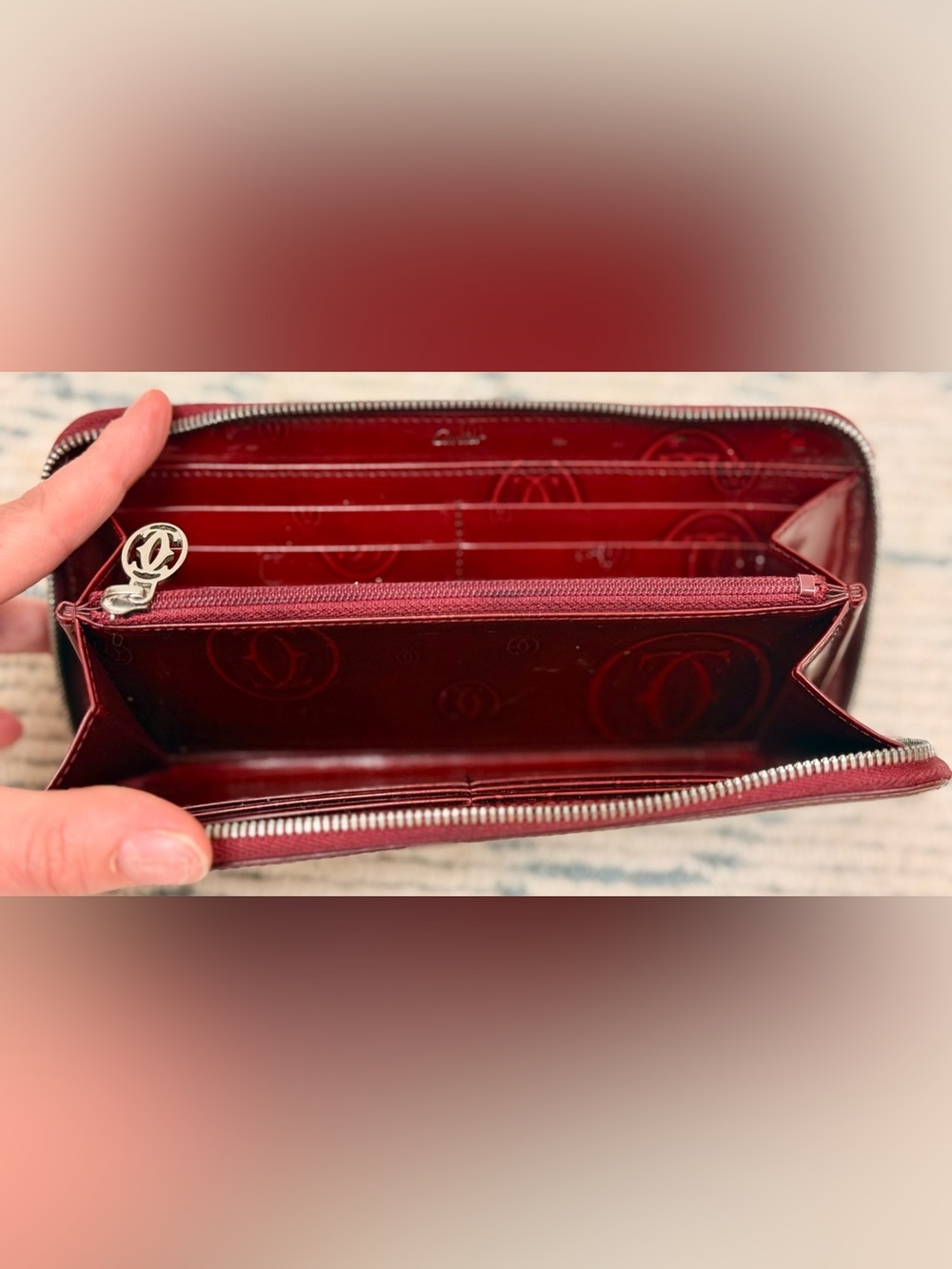 CARTIER Vintage “Happy Birthday” Red Patent Leather Monogram Zippy Long Wallet - Picture 11 of 16